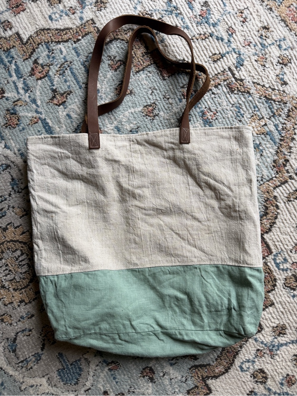 Canvas Two-Tone Tote Bag in Cream and Sage with leather Straps